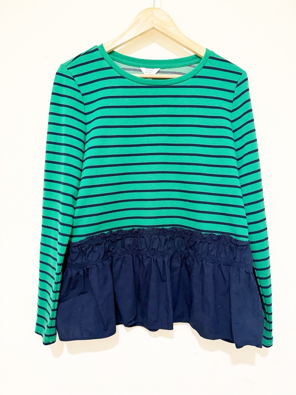 crown & ivy Green and Navy Striped Peplum Long-Sleeve Top